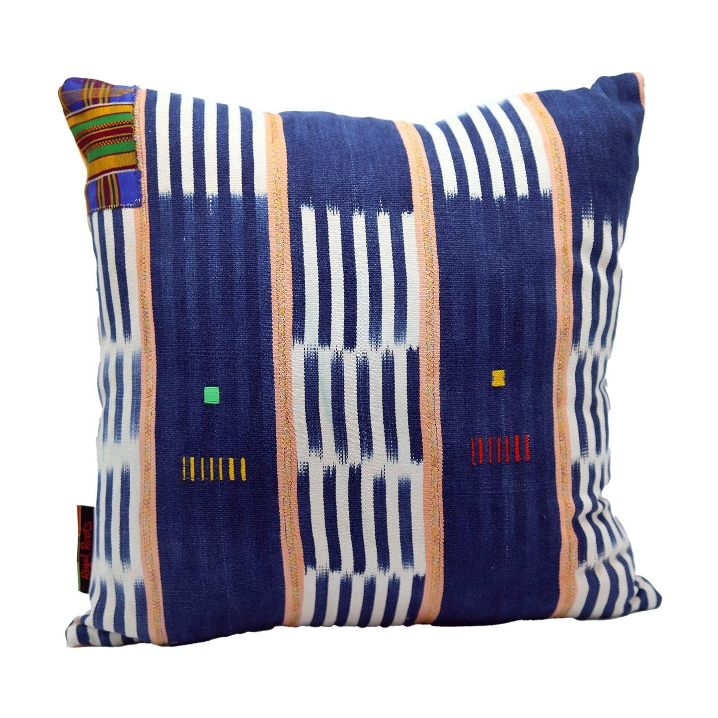 Woven Cotton Blue and White stripe with yellow accents. Top left corner features a path of authentic kente cloth