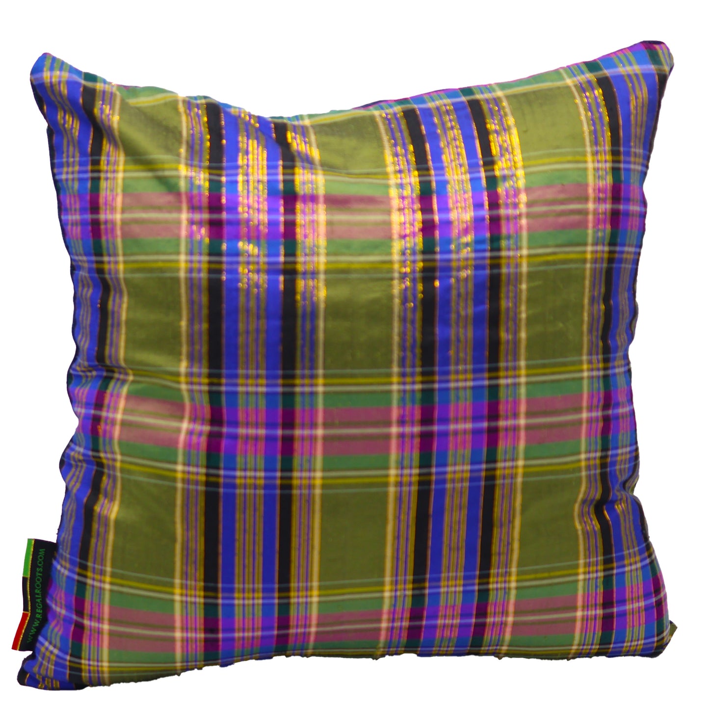 Alternate 100% Pure Silk Indigo, Gold, Green, and Magenta with Regal Roots Woven Tag
