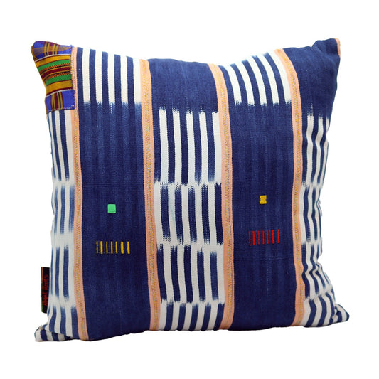 Woven Cotton Blue and White stripe with yellow accents. Top left corner features a path of authentic kente cloth